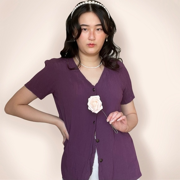 Vintage stretchy ribbed texture short sleeve purpl - Picture 1 of 4
